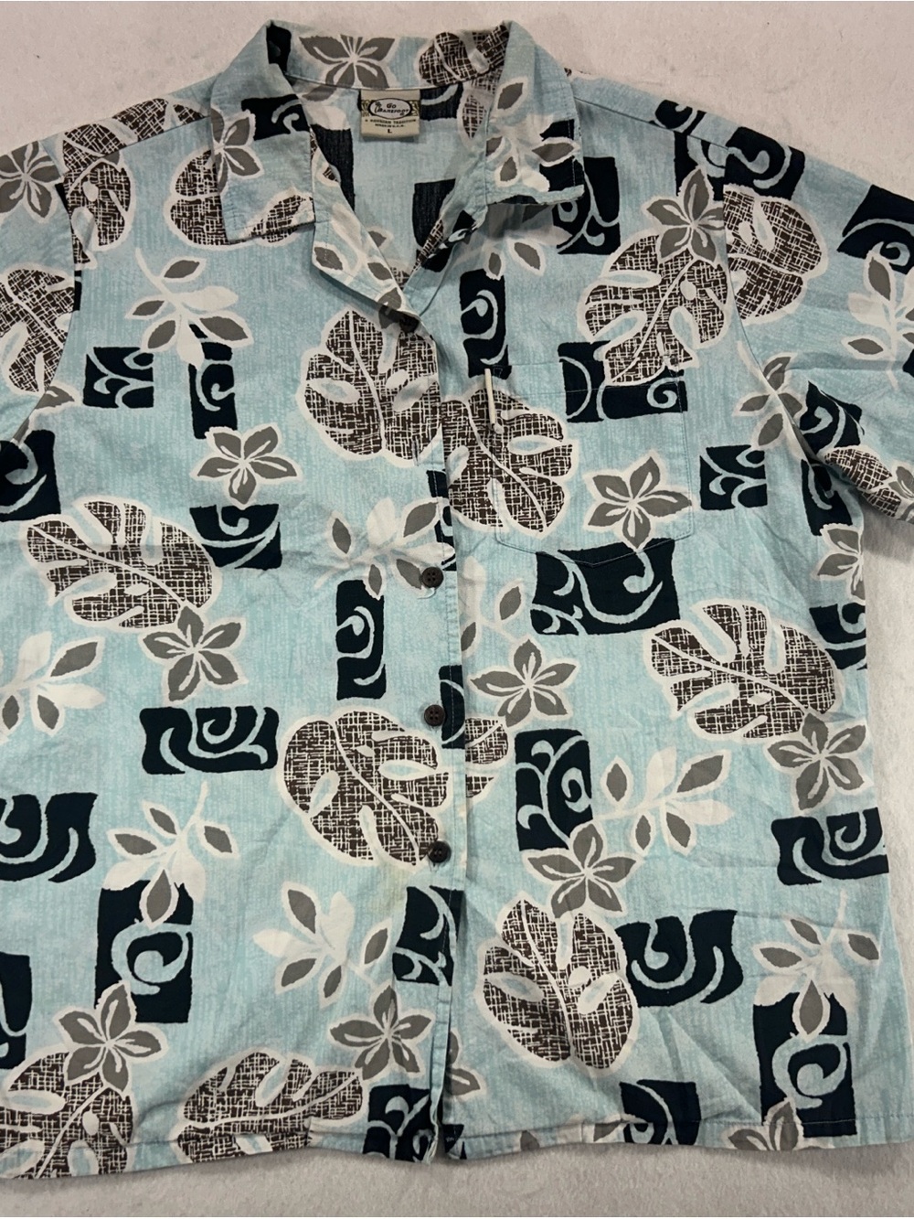 Go Barefoot Womens L Hawaiian Shirt Blue Tiki Floral Aloha Cotton USA Made